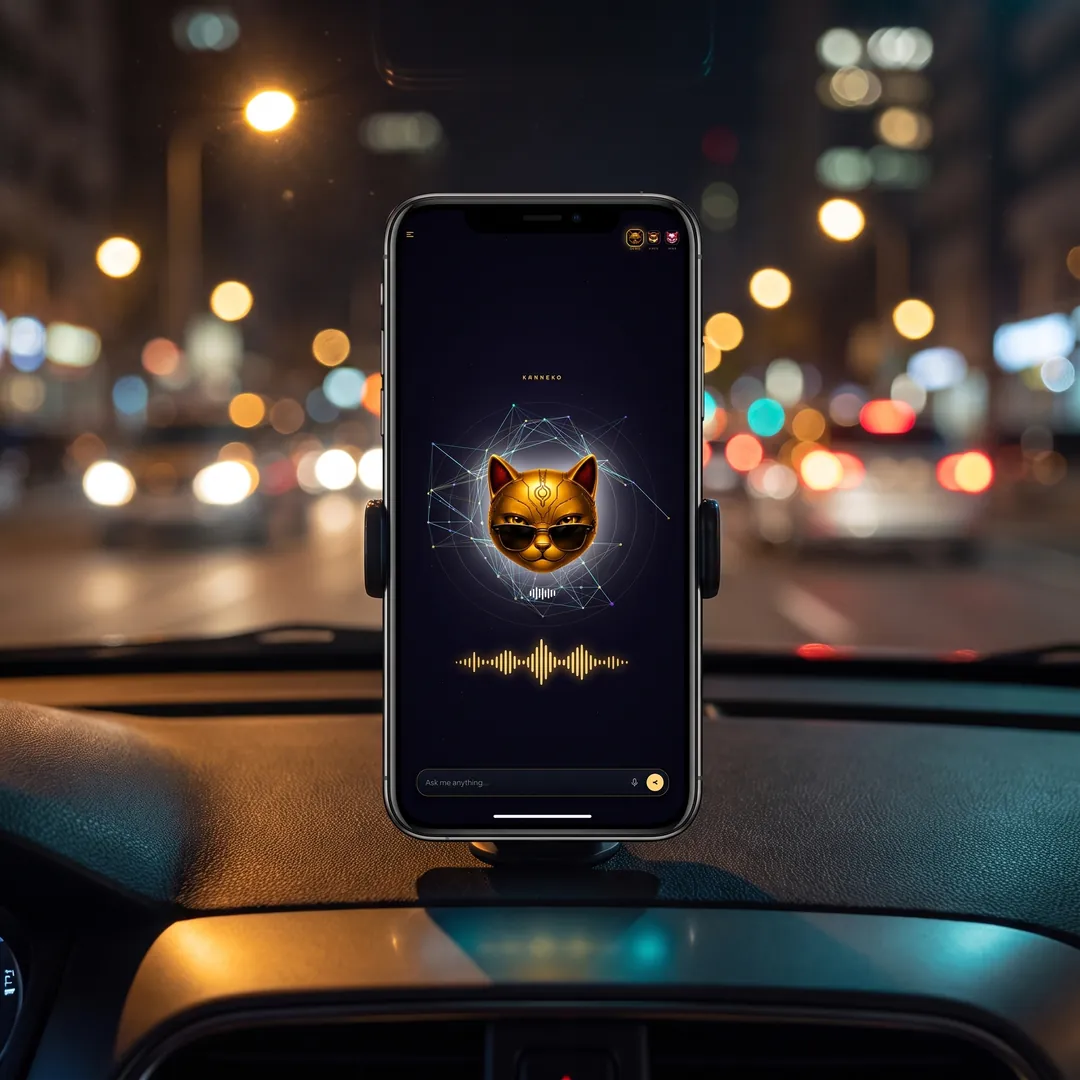 Kanneko funcionando manos libres en un teléfono montado en un carro de noche